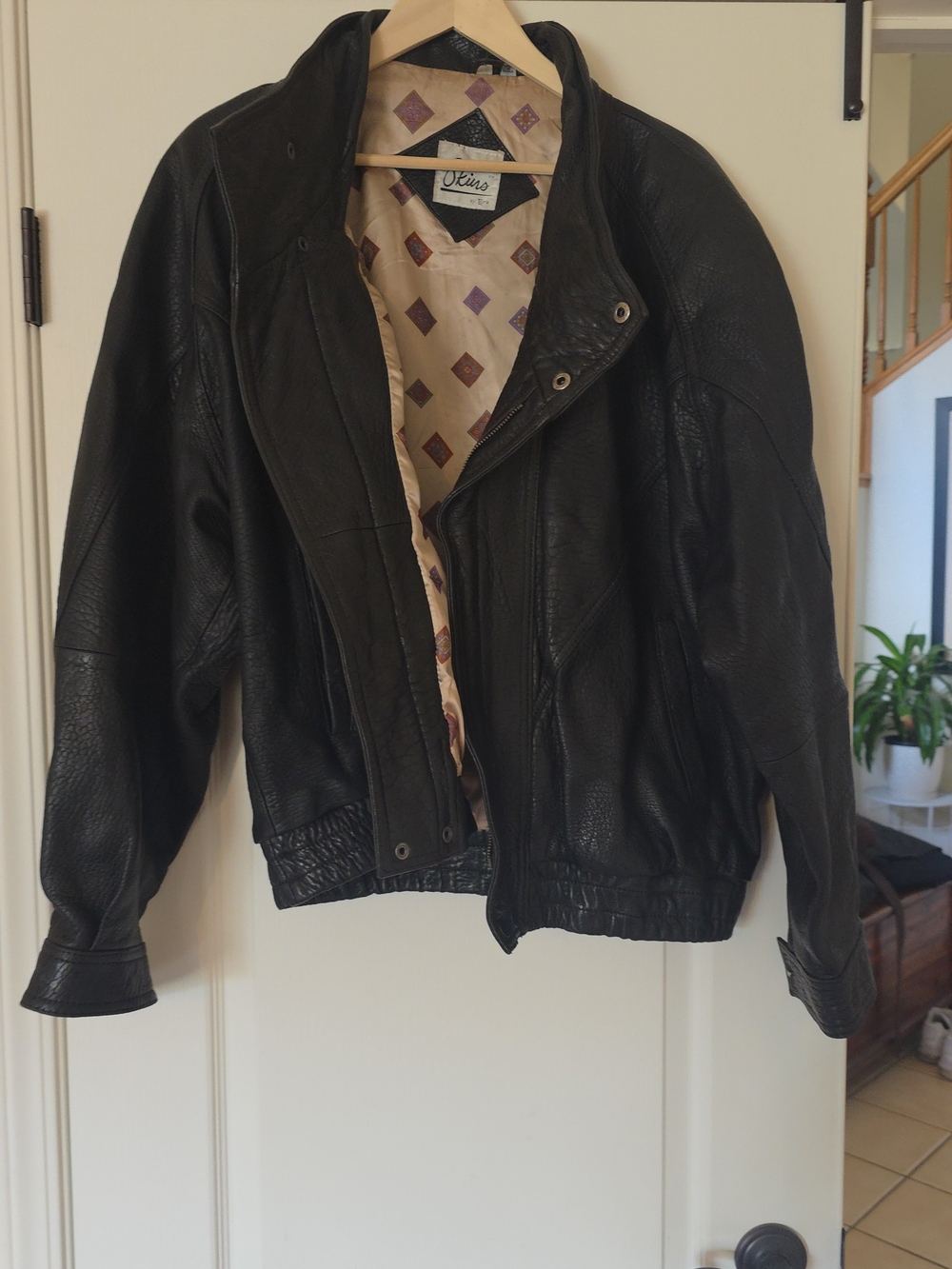 Men's Black Leather Bomber Jacket by Olsen